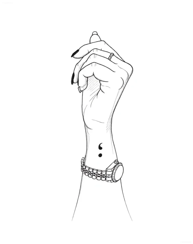 Minimalist semicolon tattoo on a wrist adorned with a watch, done in a line art style.