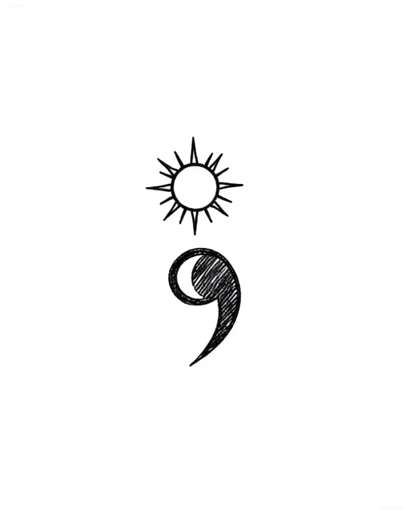 Tatuaje minimalista: un símbolo de punto y coma dibujado con sombreado, y al lado una imagen estilizada del sol con rayos.