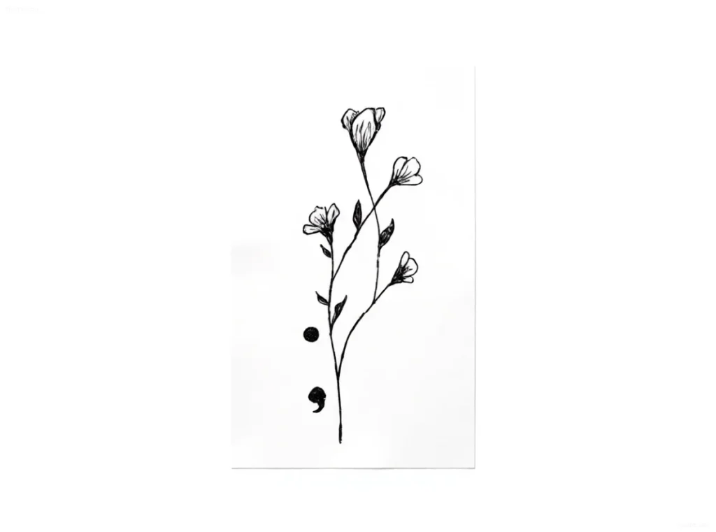 Tattoo sketch: a delicate branch with small flowers emerging from a semicolon, done in black and white.