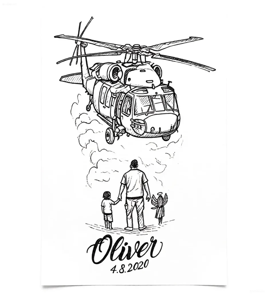 Эскиз тату: вертолет над отцом и ребенком, с ангелом и надписью Oliver 4.8.2020
