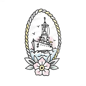 Эскиз тату военного корабля в обрамлении корабельной веревки и цветка, символизирующий мощь и мужество.