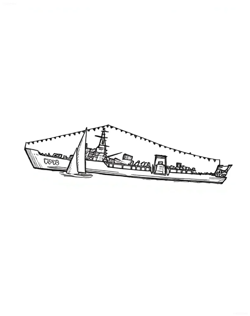 Контурное изображение военного корабля с мачтами и палубой, украшенной гирляндой флажков, и рядом парусник.