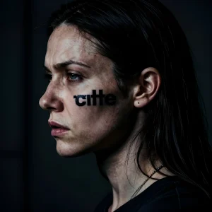 Женщина с татуировкой "citte" на щеке, демонстрирующая суровый взгляд