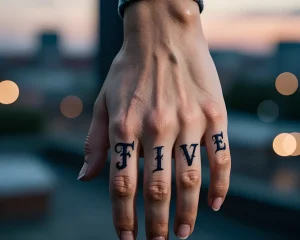 Крупный план руки с татуировкой "FIVE" на пальцах, сделанной в стиле blackwork, на фоне размытого городского пейзажа.