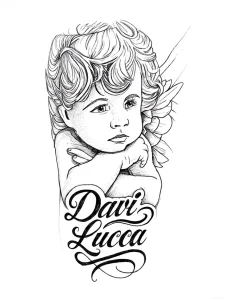 Эскиз татуировки ангела-младенца с именем 'Davi Lucca', выполненный в стиле графики с элементами реализма.