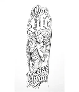 Эскиз татуировки ангела с надписью 'One Life, One Chance'