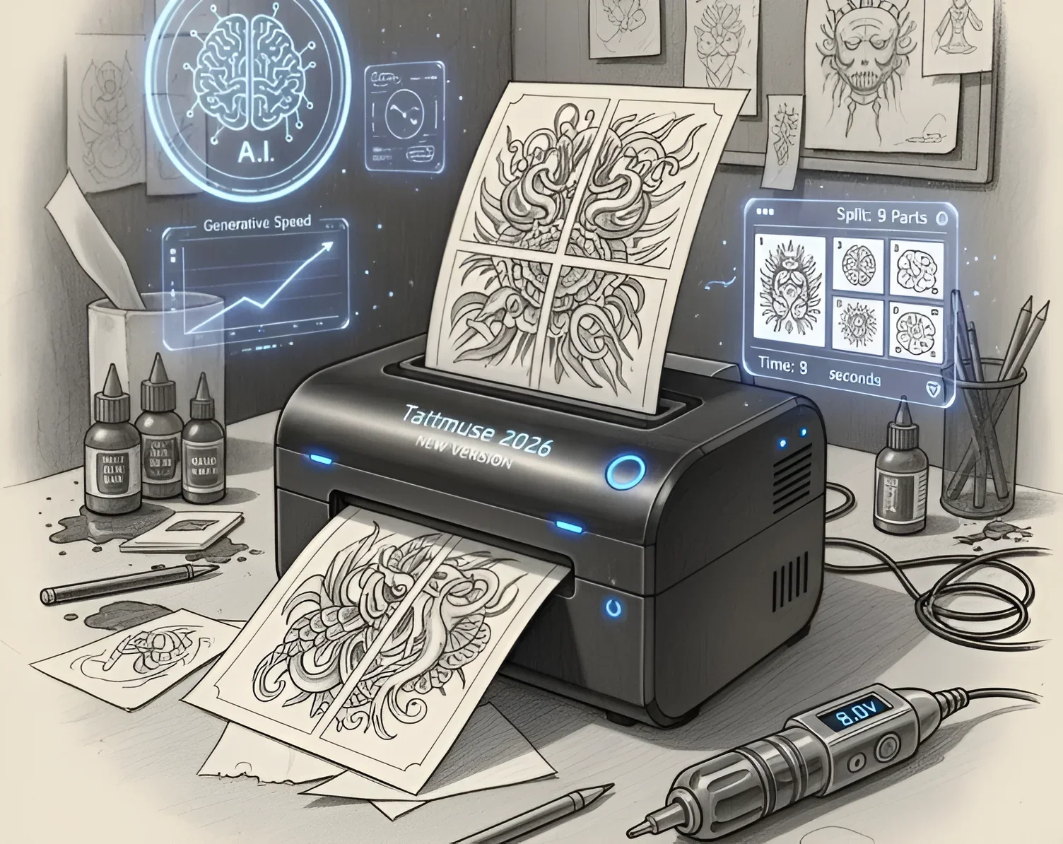 Современный тату-принтер Tattmuse 2026 с функцией ИИ, печатающий эскизы татуировок, рядом с тату-машинкой и расходными материалами.