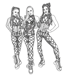 Контурный эскиз татуировки с тремя девушками из коллектива "The Fuel Girls", одетыми в стильные комбинезоны с сетчатыми вставками и массивные ботинки.