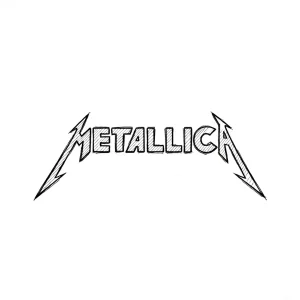 Контурный эскиз татуировки логотипа группы Metallica, выполненный в стиле графики с штриховкой.