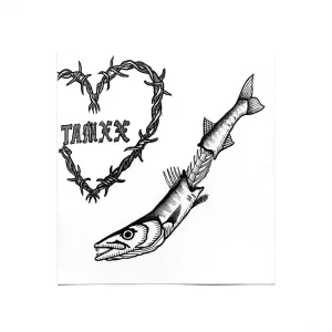 Эскиз тату: сердце из колючей проволоки с надписью TAMXX и две баракуды, одна из которых проедает другую