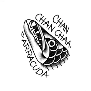 Татуировка баракуда в стиле олд скул с надписью "Chan Chan Chaa, Barracuda"