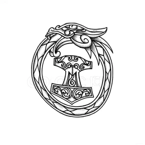 Эскиз татуировки Йормунганд, обвивающий молот Тора (Мьёльнир), в стиле скандинавской мифологии