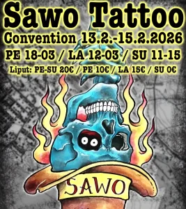 Афиша Sawo Tattoo Convention 2026 с изображением стилизованного голубого черепа в огне и надписью "SAWO"