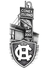 Татуировка в стиле реализм, изображающая вывеску Coney Island Hot Dogs и герб Worcester Red Sox.