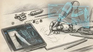 Роботизированная рука рисует эскиз татуировки, рядом планшет с анатомической моделью и тату-машинки.