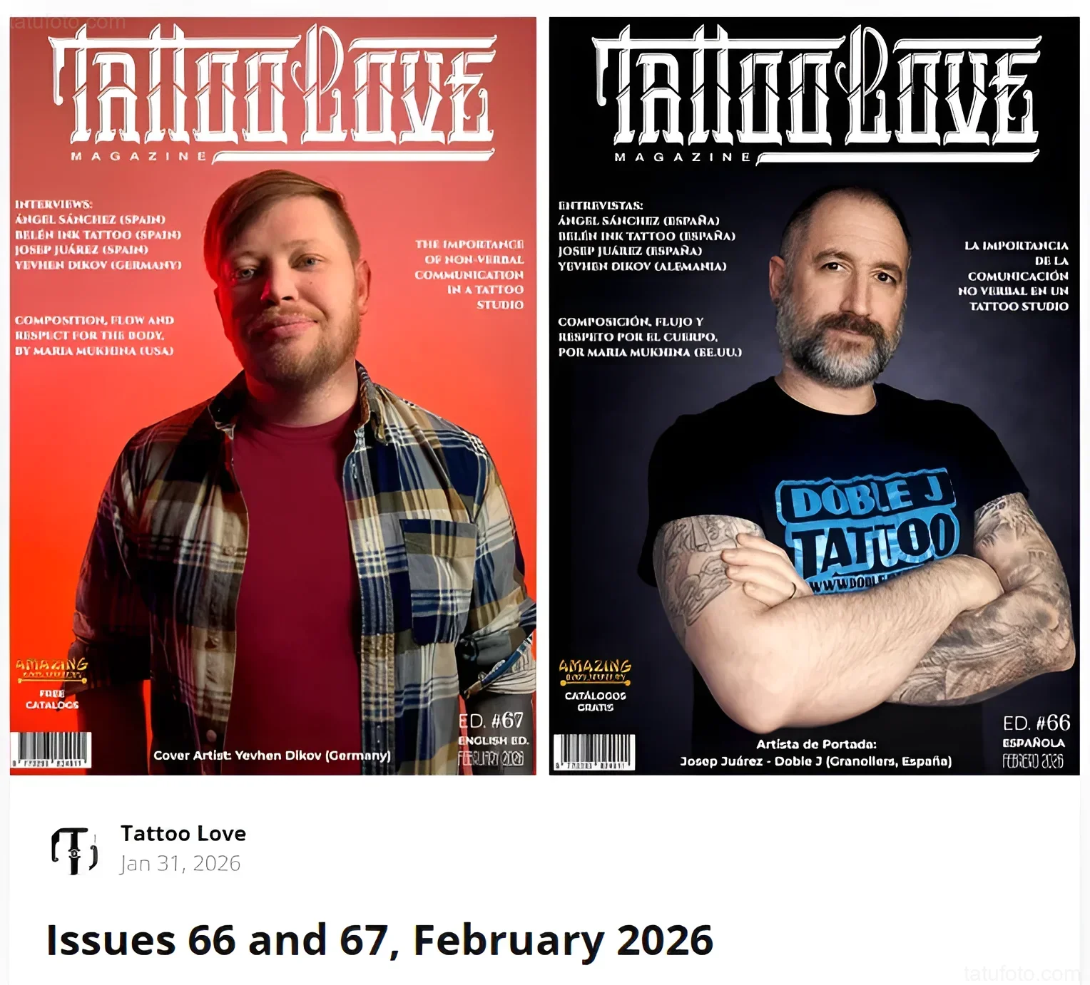 Две обложки журнала Tattoo Love Magazine: на первой мужчина в клетчатой рубашке, на второй мужчина в футболке с логотипом "Doble J Tattoo".