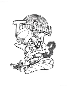 Эскиз татуировки Тасманского дьявола из "Tune Squad" с баскетбольным мячом и номером 3