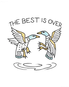 Тату с двумя утками в полете над водой, надписью 'THE BEST IS OVER'