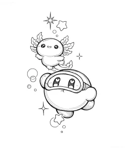 Эскиз татуировки аксолотля в стиле чиби с ниндзя-персонажем