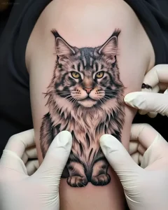 Татуировка Мейн-кун, реалистичное изображение крупного кота с выразительными желтыми глазами и пушистой шерстью, выполненная на плече.