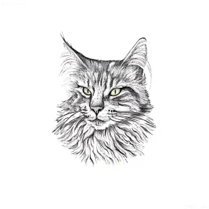 Эскиз татуировки головы кошки породы Мейн-кун с зелеными глазами, выполненный в графическом стиле.