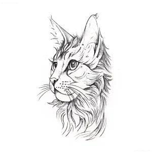 Графический эскиз татуировки головы кошки породы Мейн-кун в профиль, выполненный в черно-белой технике с прорисовкой шерсти и выразительных глаз.