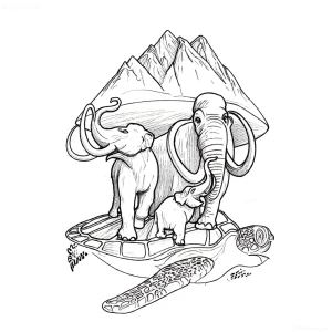 Татуировка мамонт на черепахе под горами, эскиз.