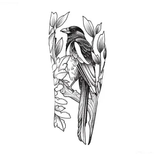 Эскиз татуировки сороки, сидящей на ветке среди листьев