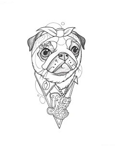 Эскиз татуировки мопса в бандане и с кулоном 'Pug Life'
