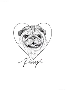 Черно-белый эскиз татуировки мопса, обрамленного сердцем, с подписью "Pimpy".