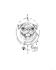 Эскиз тату мопс в геометрическом круге с надписью Puggy