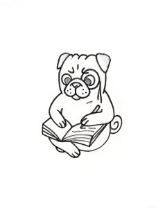 Эскиз тату: милый мопс в очках сидит и читает книгу, держа в лапе карандаш