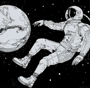 Татуировка космонавта в невесомости, тянущегося к планете, на фоне звездного неба
