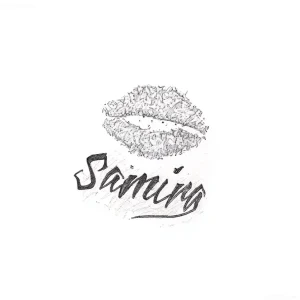Эскиз тату: отпечаток губ и надпись "Saming"