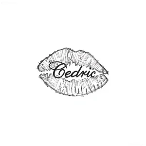 Эскиз тату: черные губы с отпечатком поцелуя и именем "Cedric" внутри