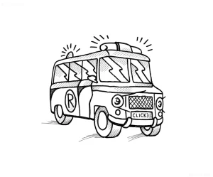 Черно-белый эскиз татуировки в стиле скетч, изображающий автомобиль скорой помощи с включенными проблесковыми маячками и надписью 'CLICK3' на номерном знаке.