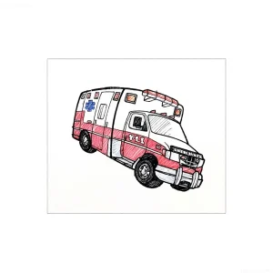 Эскиз татуировки в стиле рисунка, изображающий автомобиль скорой помощи с красными полосами и синим крестом на борту, на белом фоне.