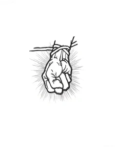 Графическая татуировка сжатого кулака, обмотанного бинтами, на фоне расходящихся лучей, символизирующая силу и решимость.