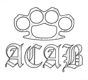 Эскиз татуировки с изображением кастета и надписи ACAB готическим шрифтом.