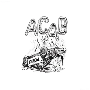 Эскиз татуировки: надпись ACAB из шаров, перевернутая полицейская машина в огне, черный и белый рисунок.