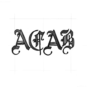 Эскиз татуировки с надписью ACAB, выполненной в готическом стиле, на белом фоне.