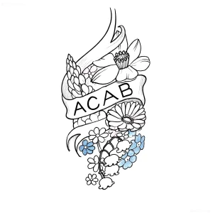 Эскиз татуировки ACAB, обвитой лентой, с изображением цветов - колокольчиков, незабудок и герберы
