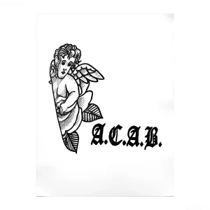 Эскиз тату: ангел, обернутый в розу, рядом с надписью ACAB