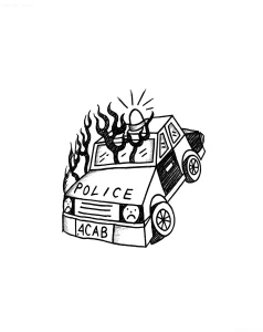 Черно-белый эскиз татуировки полицейской машины в огне с надписью "ACAB" и грустными смайликами.