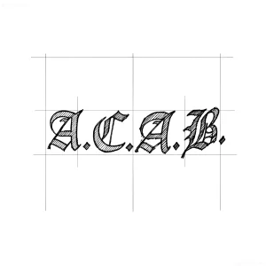 Эскиз татуировки с аббревиатурой ACAB, написанной готическим шрифтом, на фоне сетки.