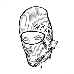 Эскиз татуировки: девушка в балаклаве с надписью ACAB и розой