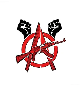 Эскиз татуировки: символ анархии в красном круге, перечеркнутый автоматом Калашникова, с двумя черными кулаками на заднем плане.