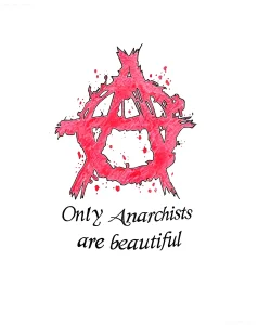Эскиз тату: Красный символ анархии с брызгами краски и надписью 'Only Anarchists are beautiful'