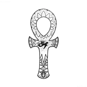 Эскиз тату в виде анкха с Оком Гора, выполненный в черно-белой графике с детализированными узорами.