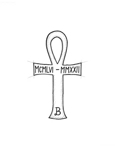 Эскиз татуировки Анкх с римскими цифрами MCMLVI - MMXXII и буквой 'B'